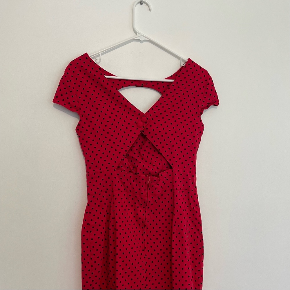 HELL BUNNY VIXEN Sandy Pencil Dress Red Polka Dot Retro Rockabilly Pinup US M 10 - Picture 12 of 16